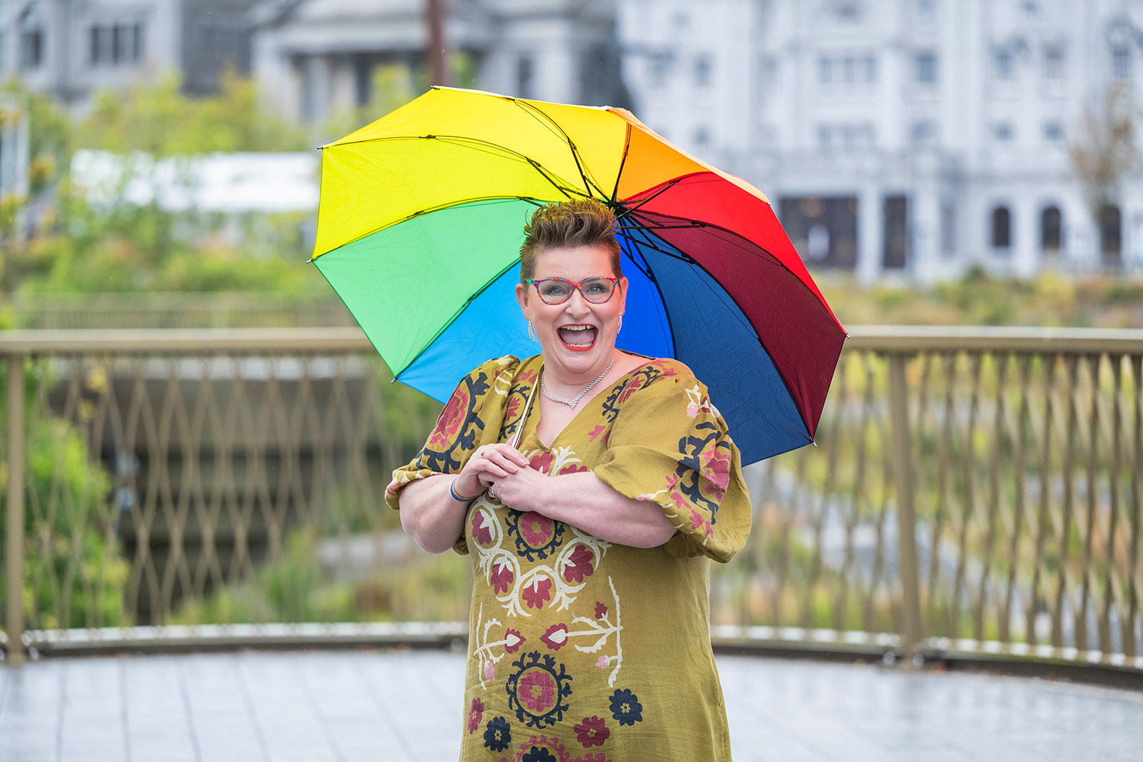 Isabel Lockhart – Art Gallery & Union Terrace Gardens Isabel holding a rainbow umbrella